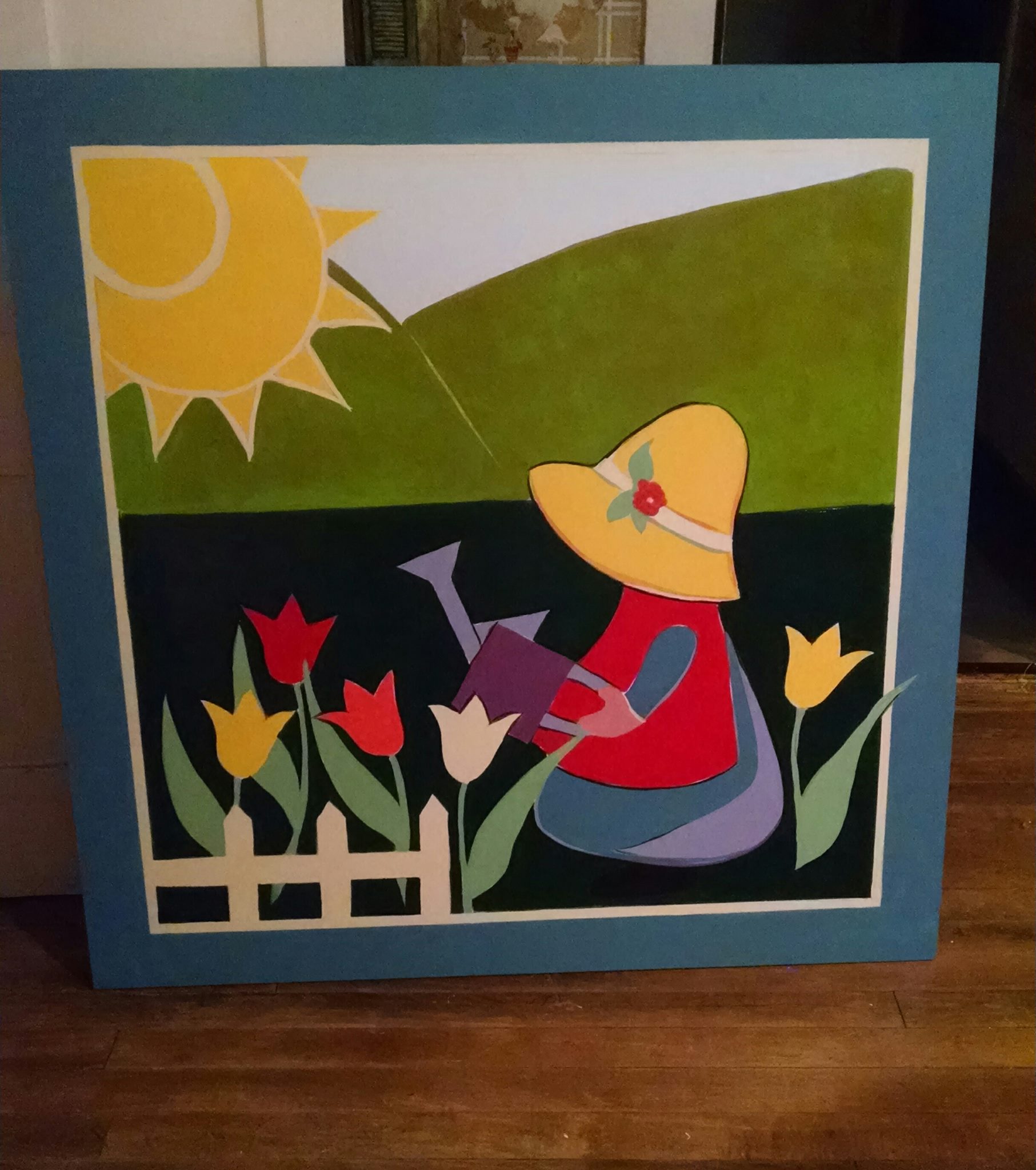 Image of a painting of a person watering flowers