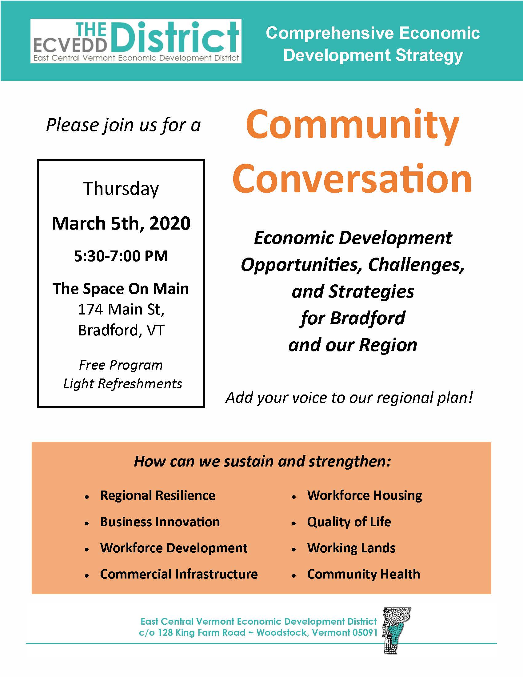 Community Conversation: Economic Development Opportunities, Challenges, and Strategies for Bradford and our Region @ Space on Main | Vermont | United States